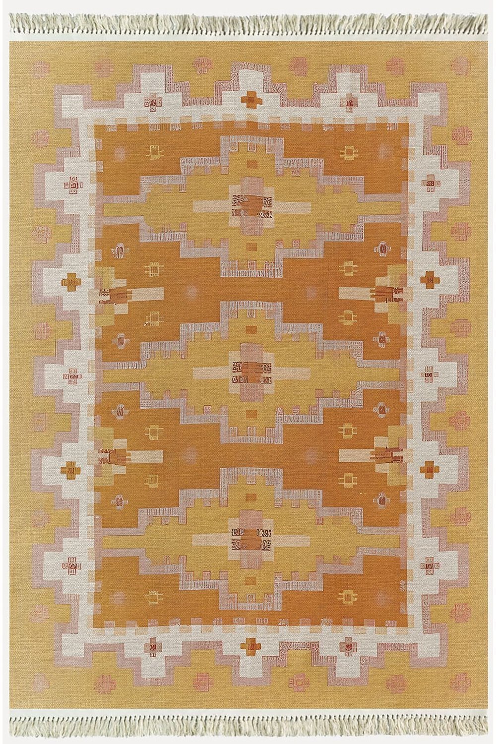Cotton Kilim59 Jut Geleneksel Motifler Modern Dekoratif Saçaklı Yıkanabilen Dokuma Kilim