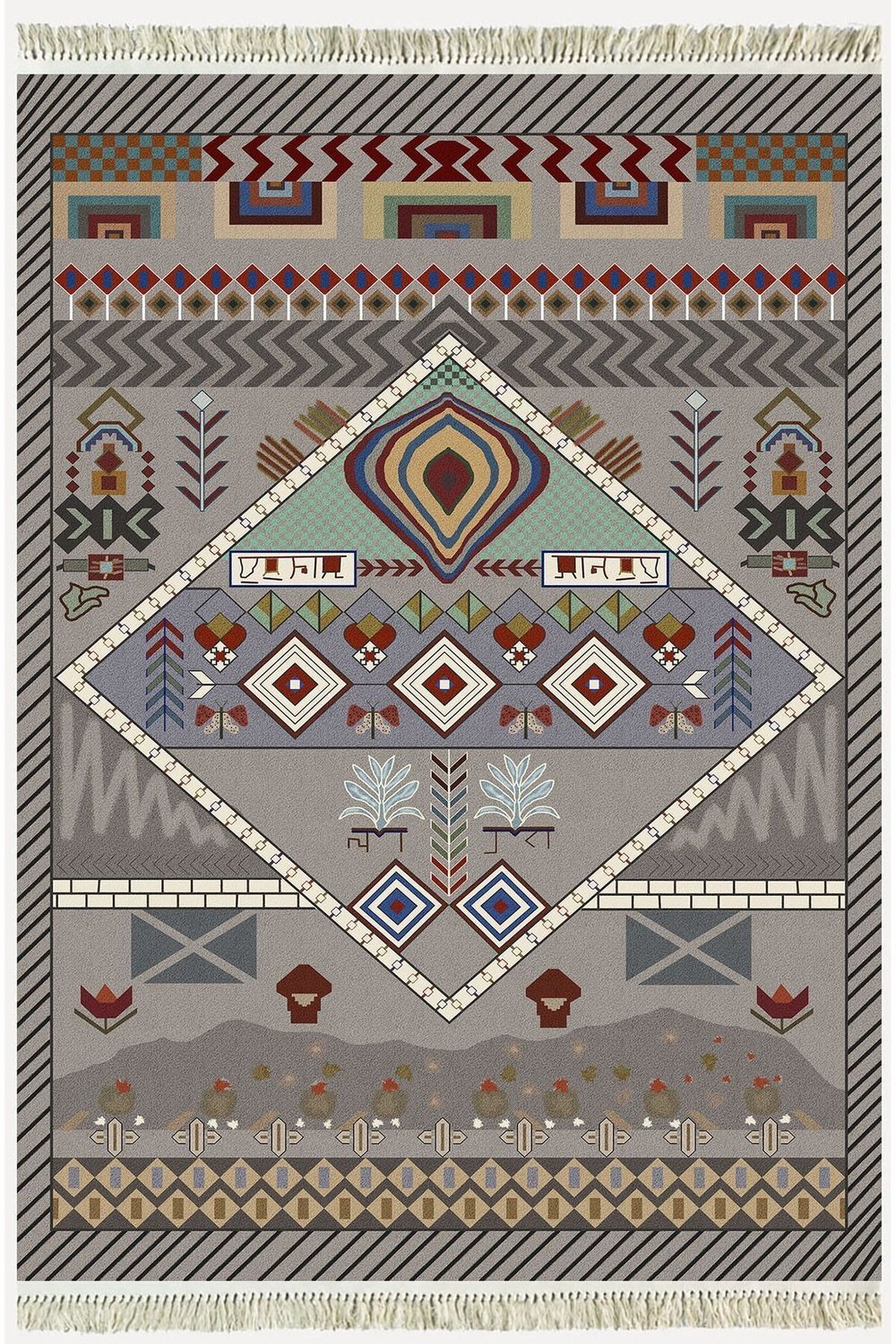 Cotton Serisi Eski Çağ Motifli Eskitme Otantik Desen Dekoratif Dokuma Taban Kilim