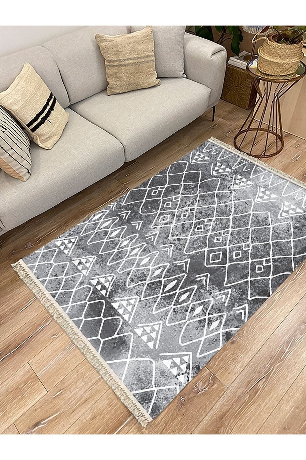 Cotton Serisi Gri Tonlarında Iskandinav Desen Dekoratif Dokuma Taban Kilim