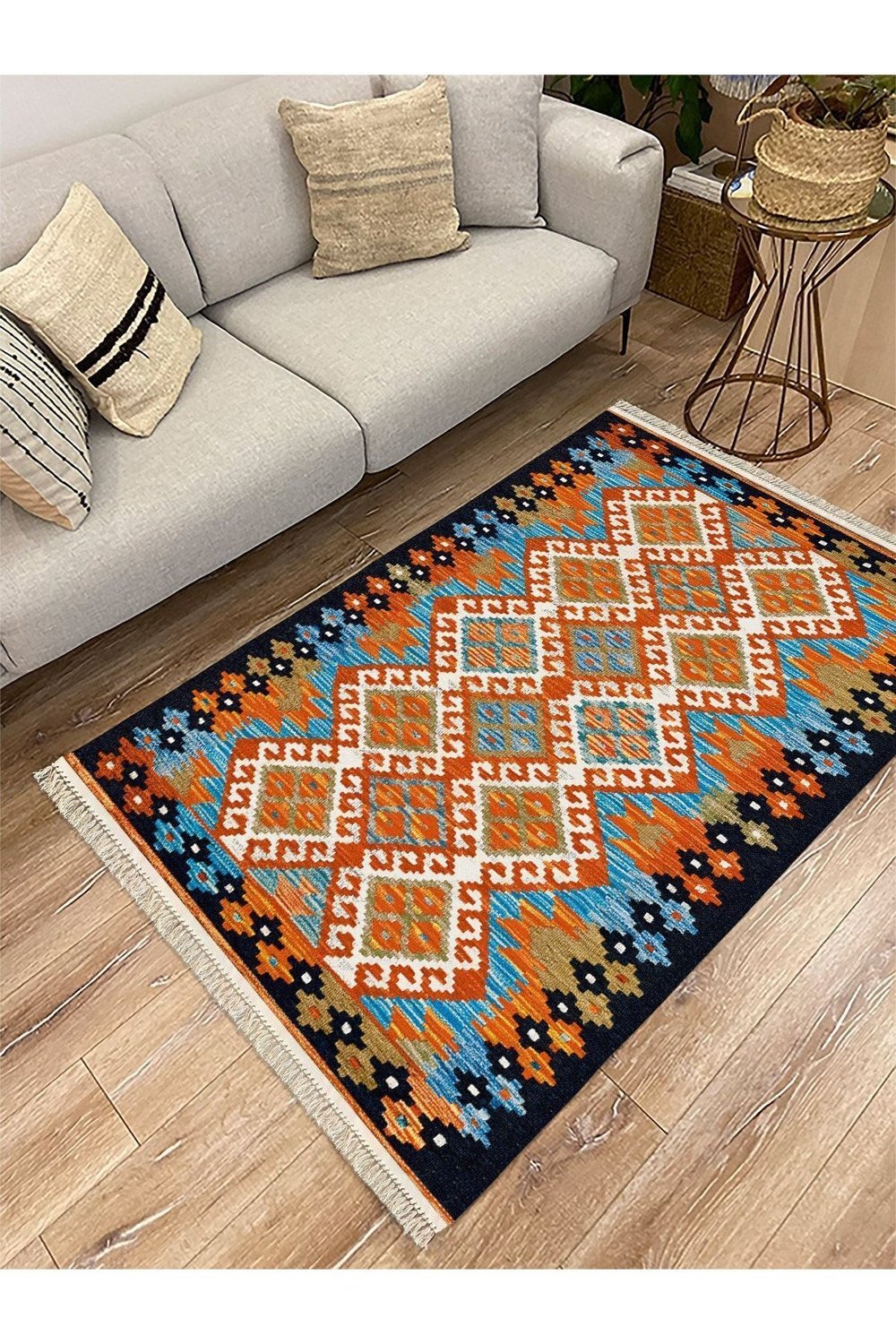 Cotton Serisi Hardal Tonlarında Bordür Desenli Dekoratif Dokuma Taban Kilim