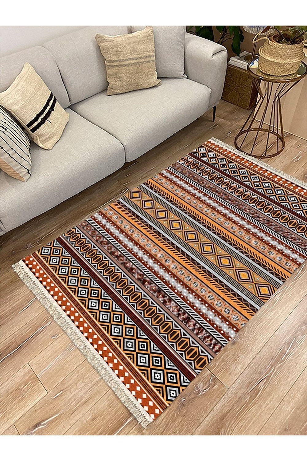 Cotton Serisi Hardal Ve Natural Tonlarında Geometrik Eskitme Desen Dekoratif Dokuma Taban Kilim