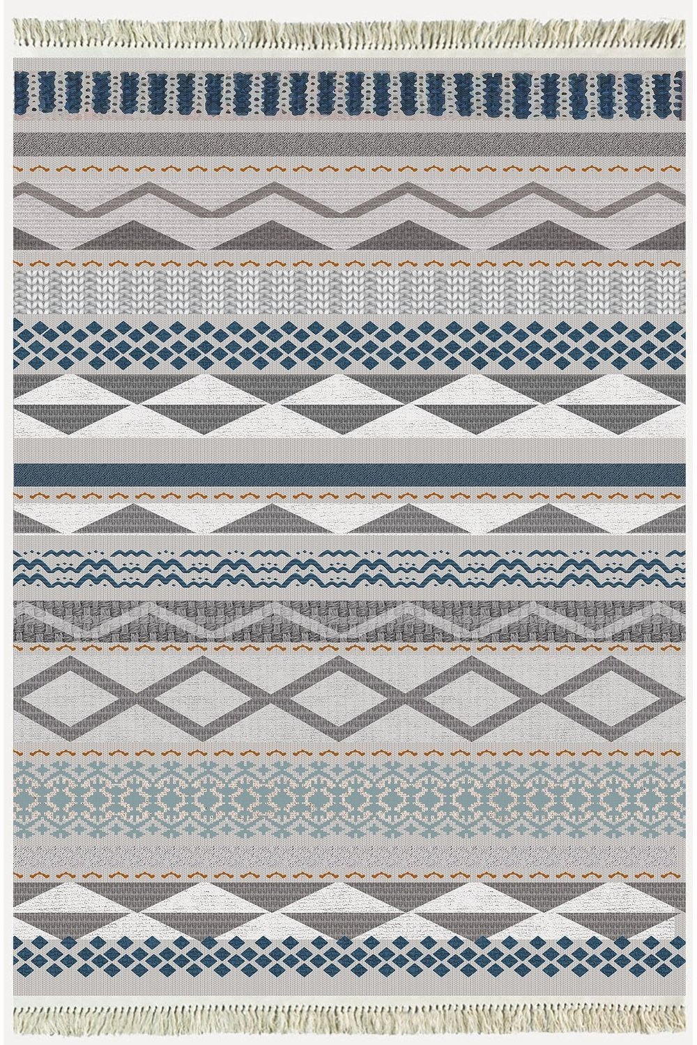Cotton Serisi Hasır Görünümlü Gri Tonlarında Eskitme Etnik Desen Dekoratif Dokuma Taban Kilim