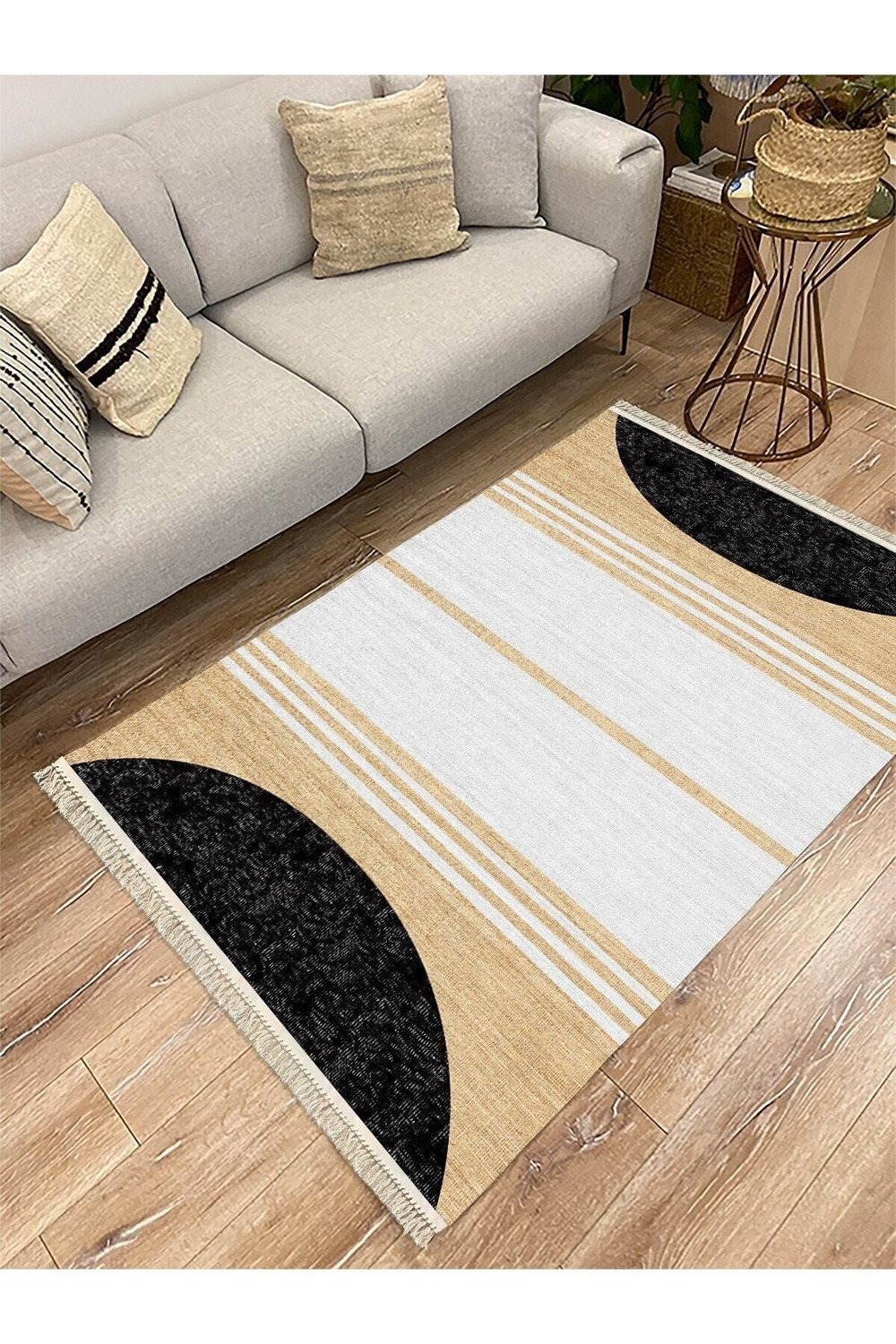 Cotton Serisi Hasır Görünümlü Siyah Beyaz Modern Desen Dekoratif Dokuma Taban Kilim
