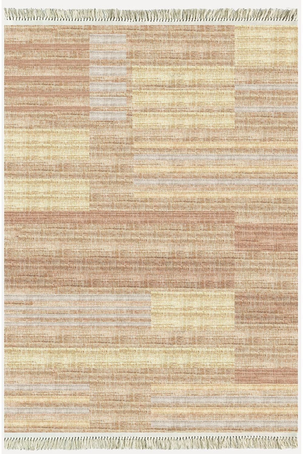 Cotton Serisi Kahve Tonlarında Hasır Görünmlü Eskitme Desen Dekoratif Dokuma Taban Kilim