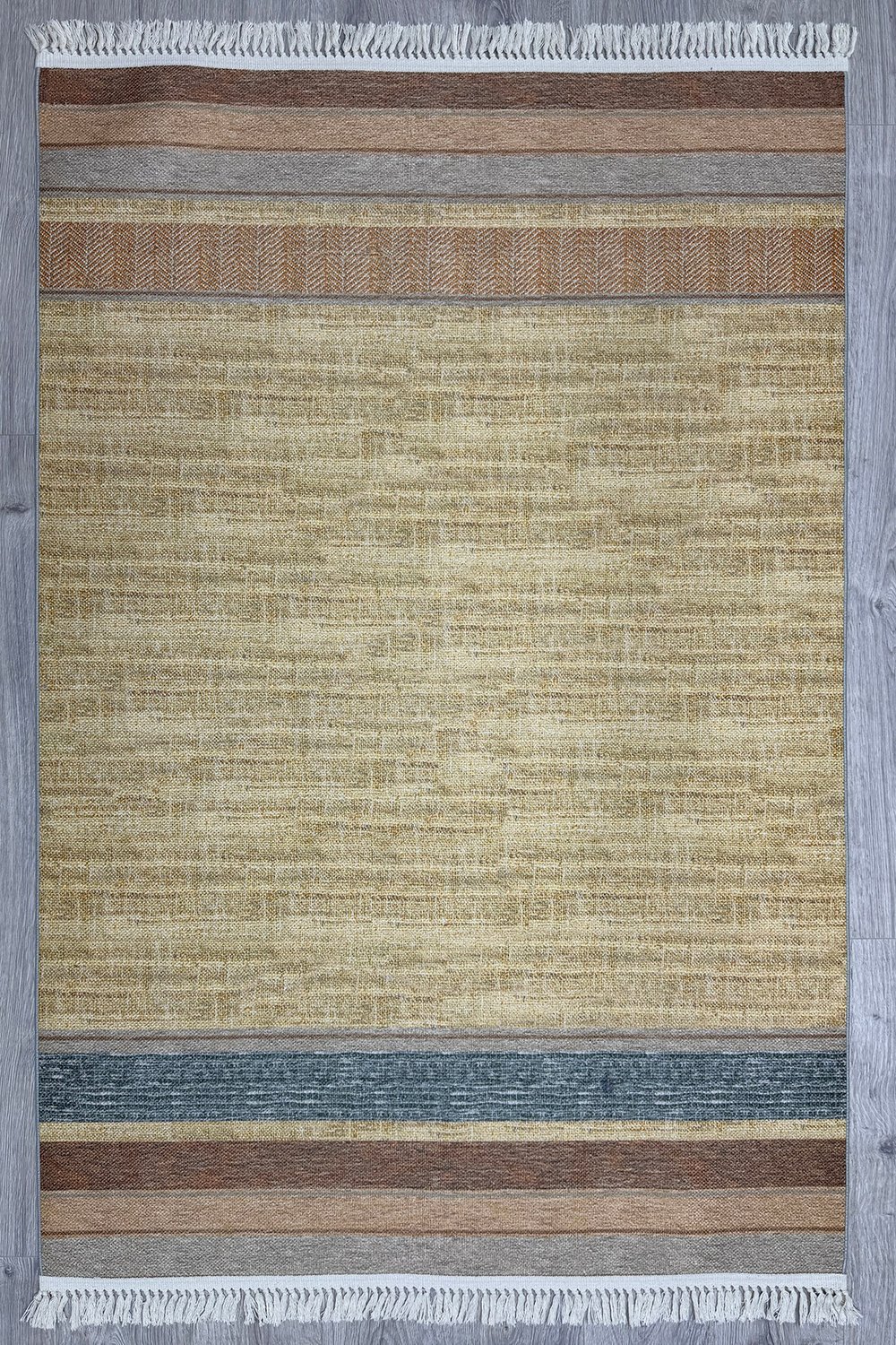 Cotton Serisi Kahve Ve Gri Tonlarında Bordürlü Eskitme Desenli Dekoratif Dokuma Taban Kilim