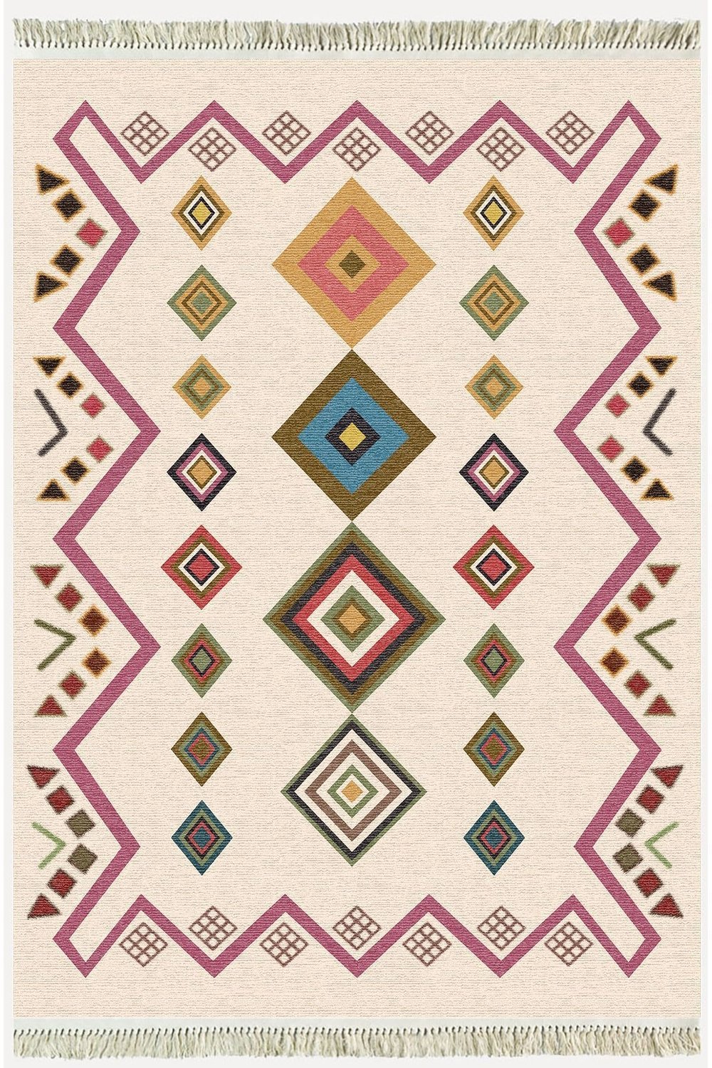 Cotton Serisi Krem Tonunda Geometrik Desenli Dekoratif Dokuma Taban Kilim