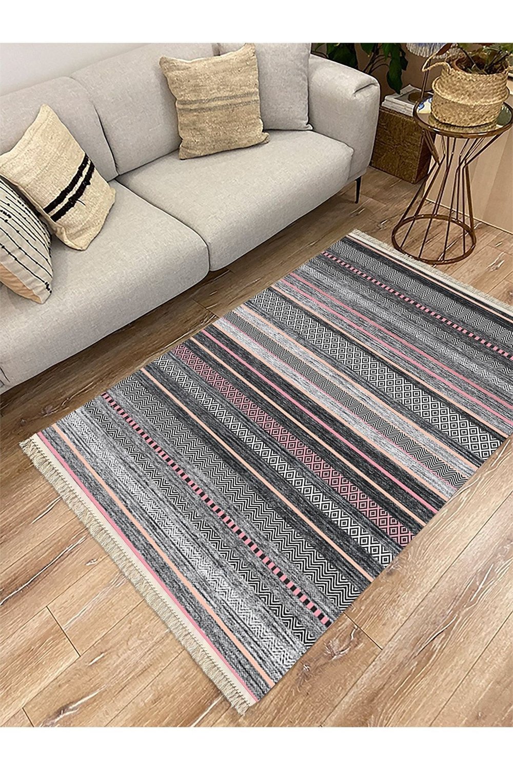 Cotton Serisi Multy Tonlarında Baklava Ve Düz Çizgili Eskitme Desen Dekoratif Dokuma Taban Kilim