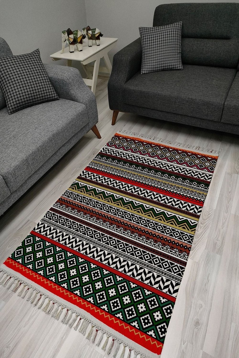 Cotton Serisi Multy Tonlarında Eskitme Etnik Geometrik Otantik Desenli Dekoratif Dokuma Taban Kilim
