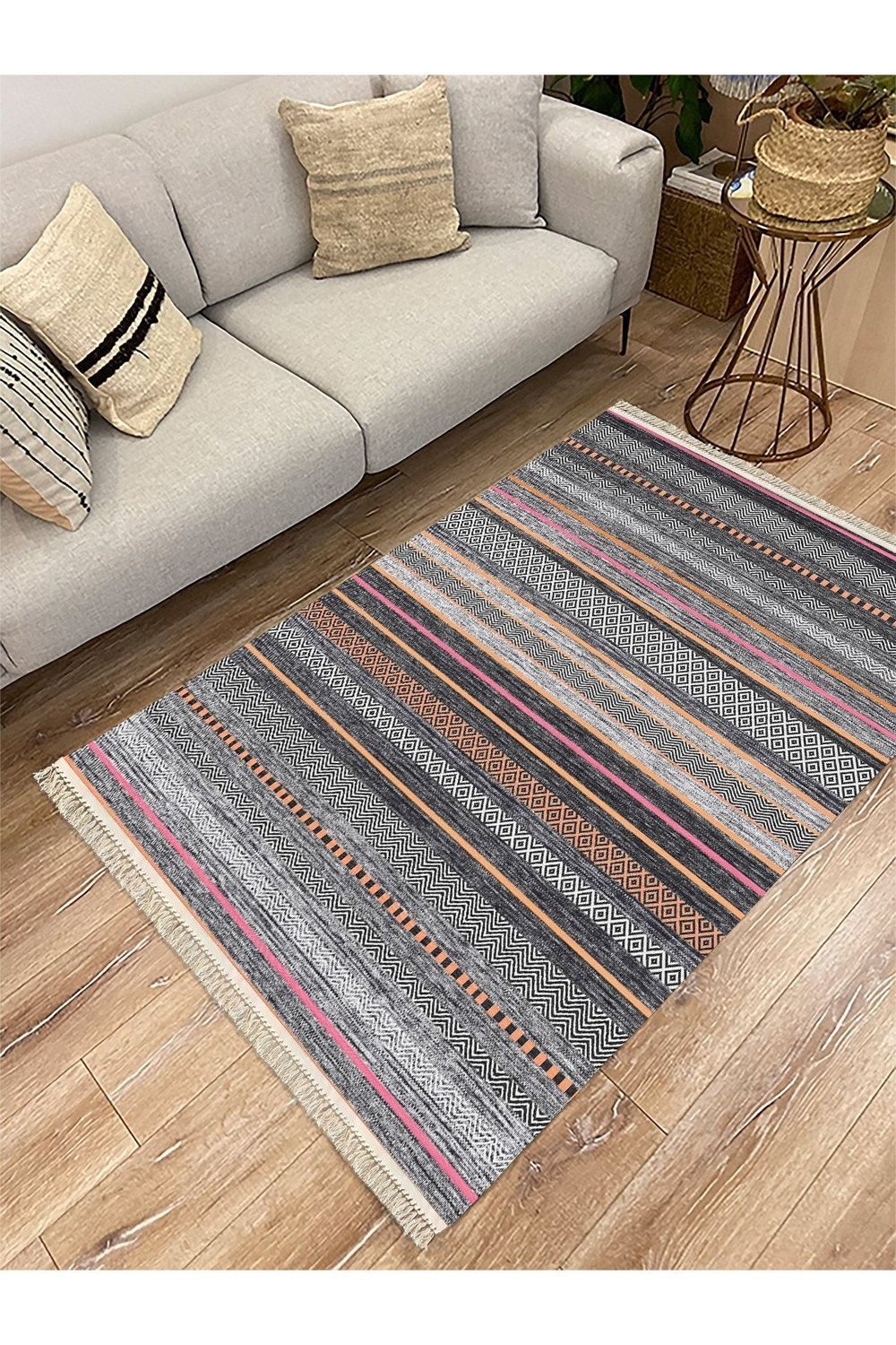 Cotton Serisi Multy Tonlarında Eskitme Otantik Desen Dekoratif Dokuma Taban Kilim