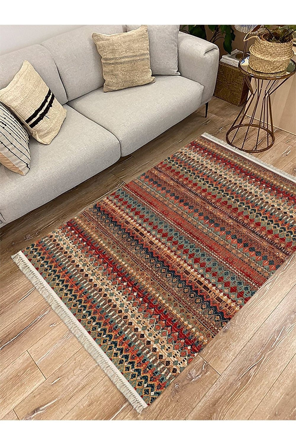 Cotton Serisi Multy Tonlarında Eskitme Antika Desenli Dekoratif Dokuma Taban Kilim