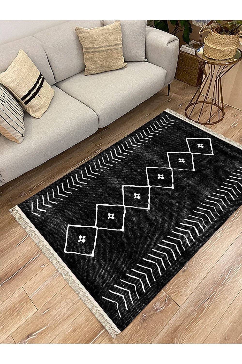 Cotton Serisi Siyah Beyaz Naturel Orta Çağ Desen Dekoratif Dokuma Taban Kilim