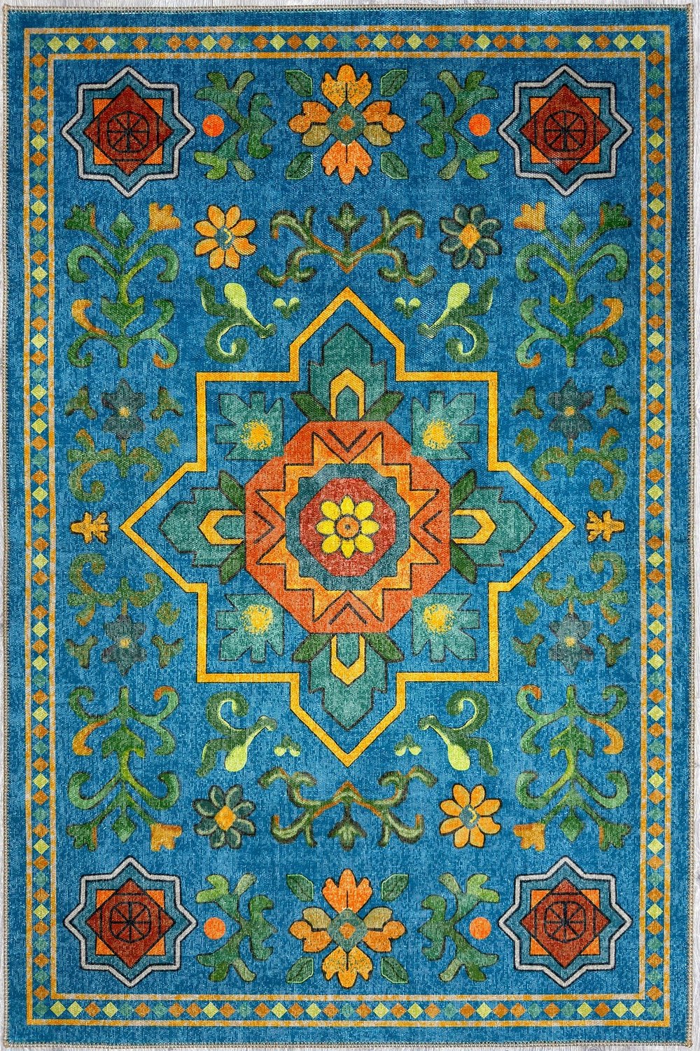 Etnik Desenli Mavi Dekoratif Salon Halısı Modern Klasik Pamuk Taban Halı 2326