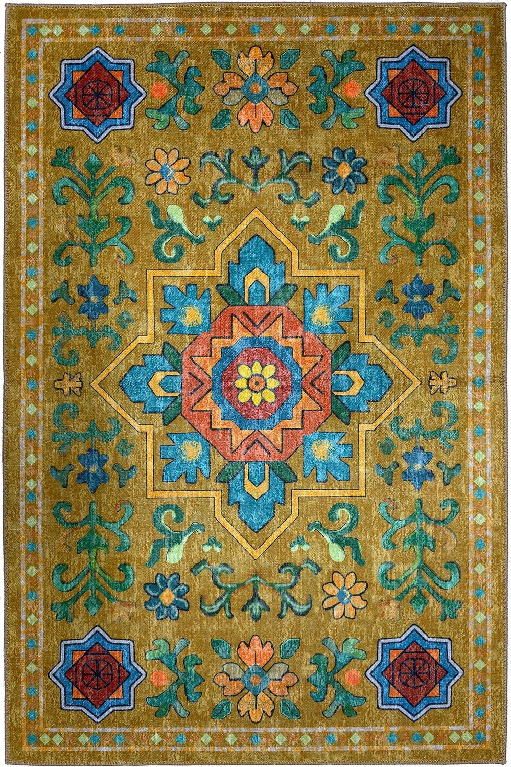 Etnik Desenli Sarı Dekoratif Salon Halısı Modern Klasik Pamuk Taban Halı 2324