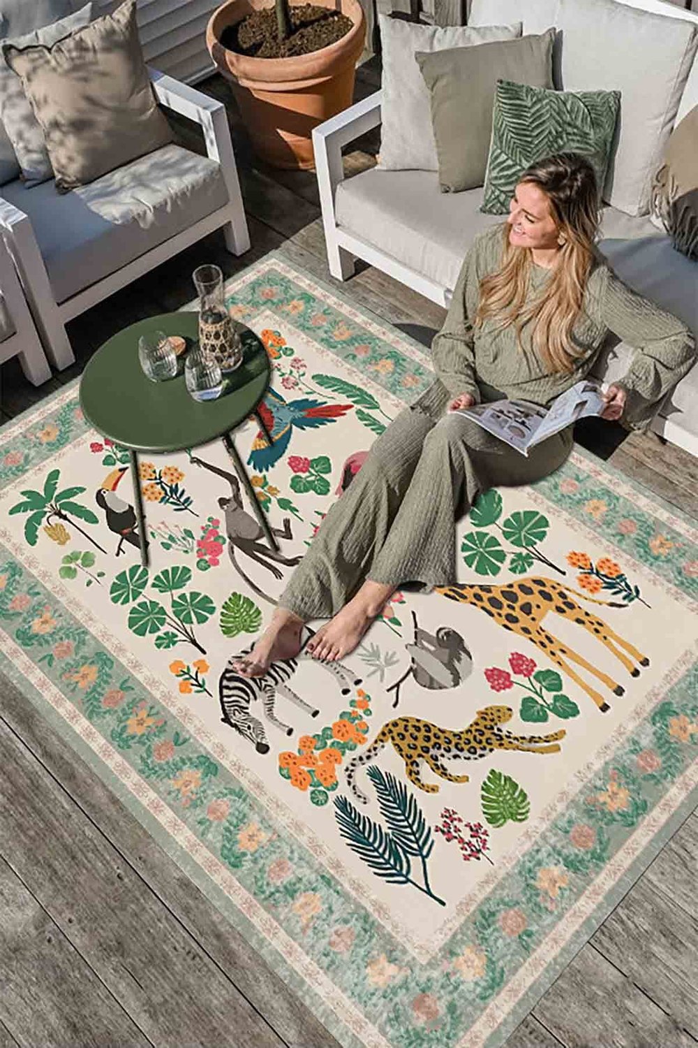Floral Sevimli Hayvan Temalı Çok Renkli Dokuma Taban Halı Salon Halısı Çocuk Halısı Mars 249