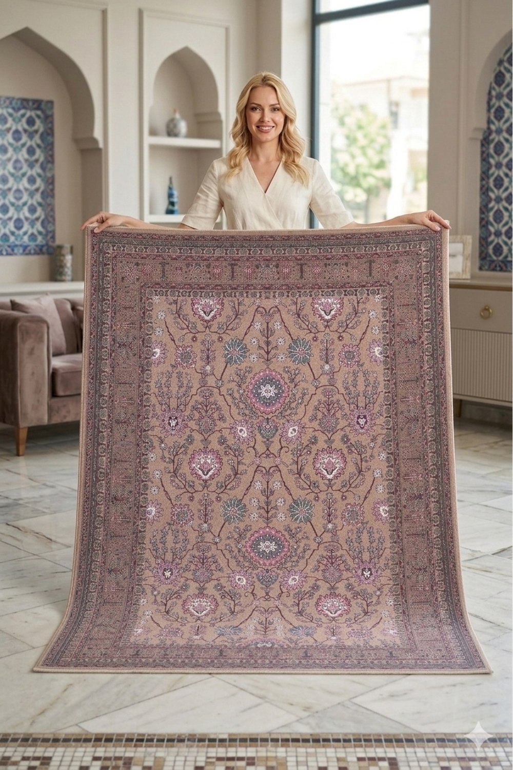 Klasik Bordo Bej Salon Halısı Çiçekli Vintage Desen Dekoratif Oturma Odası Halısı 2247
