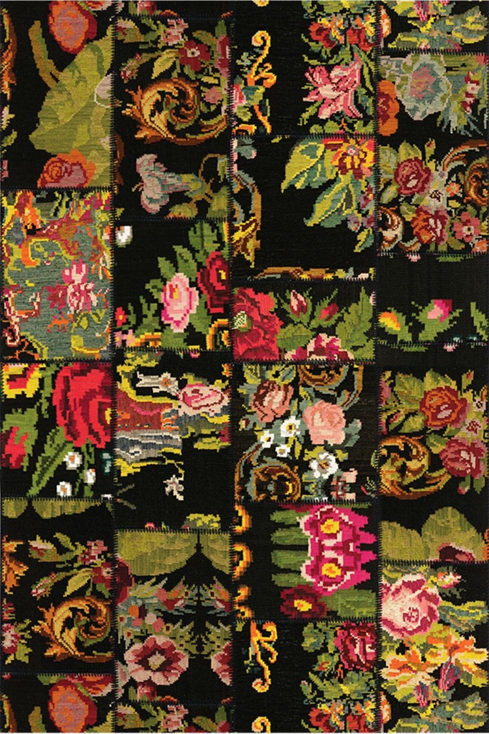 Mars 2094 Patchwork Eskitme Vintage Görünüm Çiçekli Siyah Dokuma Taban Halı