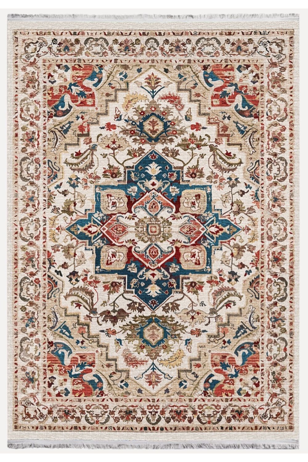 Mars 2178 Krem Ve Bej Tonlarında Vintage Modern Saçaklı Yıkanabilen Dekoratif Halı
