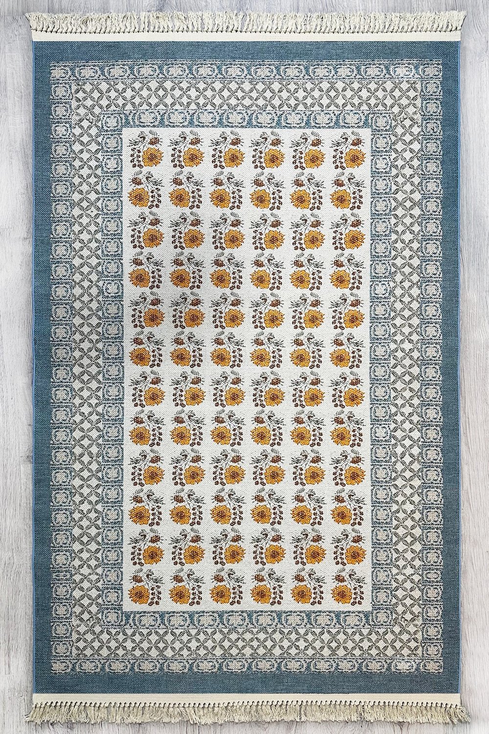 Mavi Dokuma Bohem Kilim Etnik Çiçekli Motif Desen li Vintage Kilim Yıkanabilir Cotton Kilim 3724