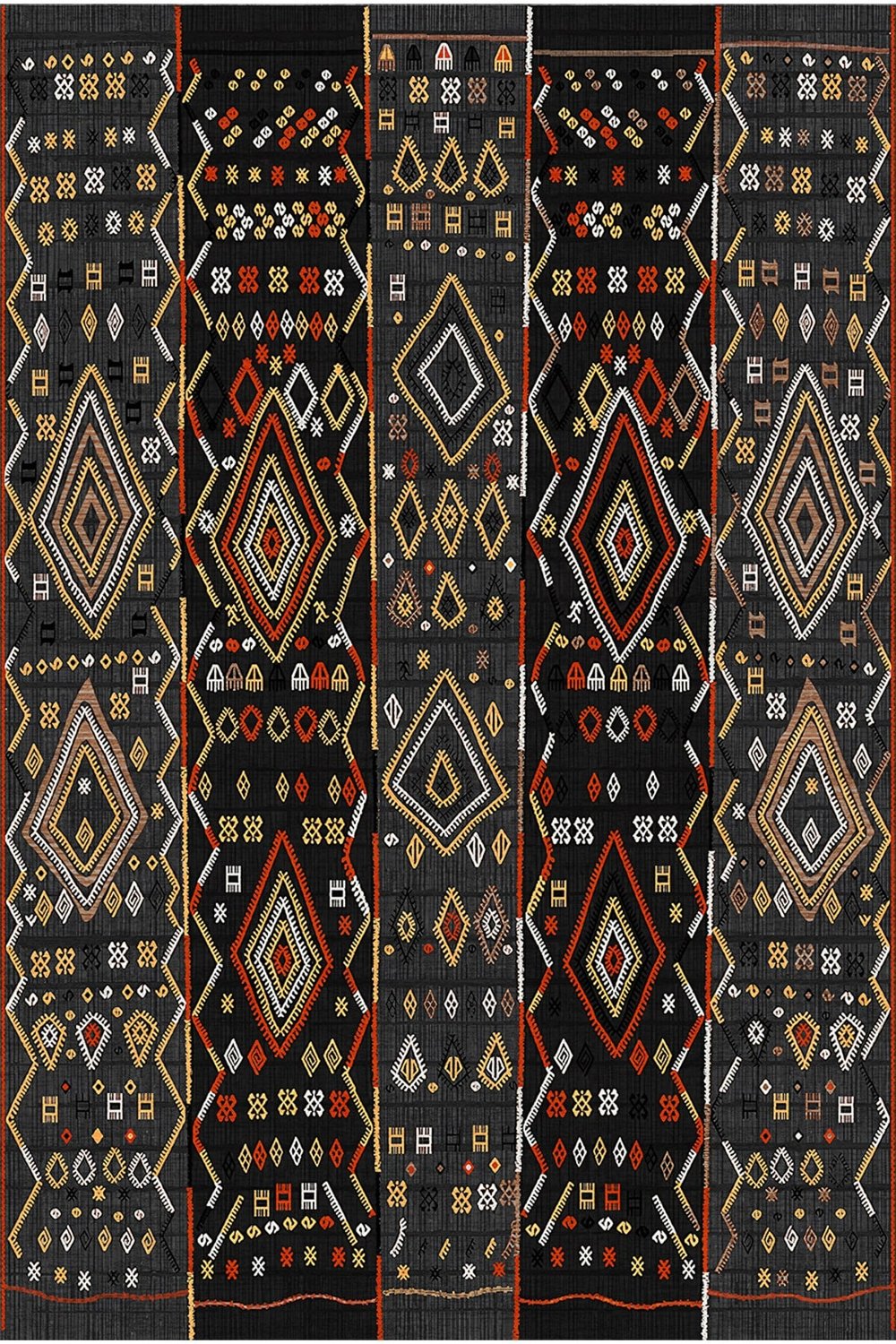Modern Etnik Desenli Siyah Salon Halısı -Kaymaz Tabanlı,Yıkanabilir Şık Kilim Halı 2106