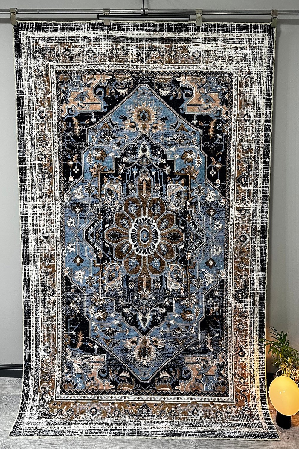 Modern Klasik Desenli Mavi Kahverengi Vintage Halı Pamuk Taban Salon ve Yatak Odası Halısı Mars2243