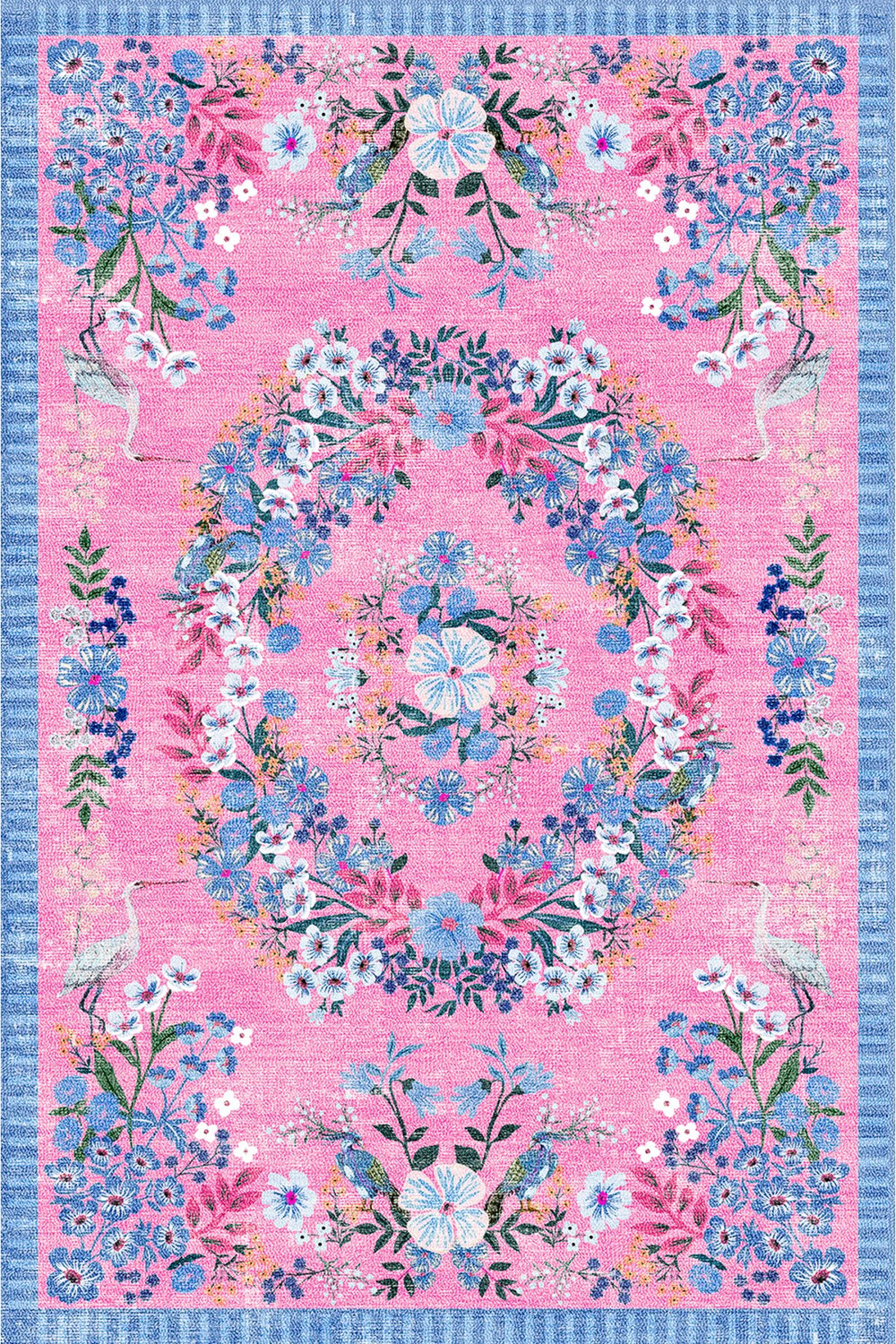 Pembe Çiçek Çelengi Turna Kuşlu Vintage Halı - Bohem Bahar Dokunuşu
