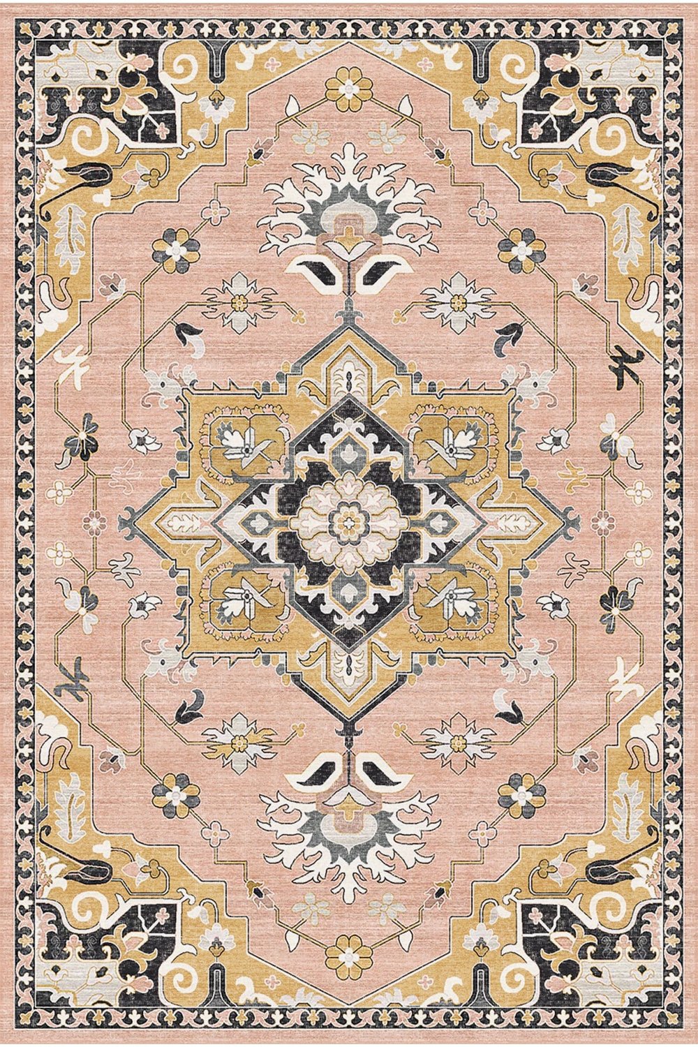 Pudra Pembe Siyah Gold Merkez Madalyonlu Modern Klasik Salon Halısı 2283