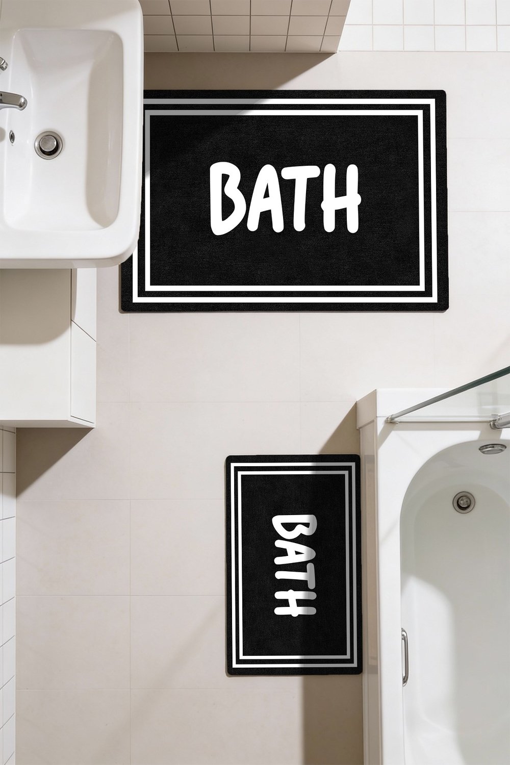 Punto Beyaz Çizgili BATH Yazılı Dijital Baskı Yıkanan Kaymaz İkili Banyo Paspas Takımı, 40x60 60x100