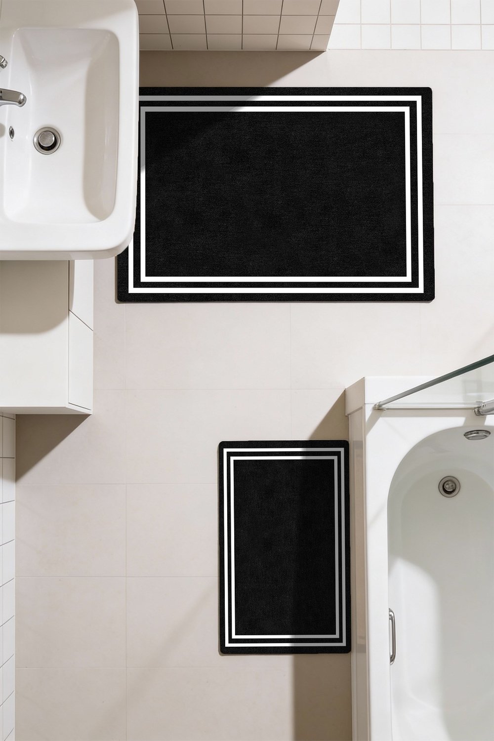 Punto Beyaz Çizgili Dijital Baskı Yıkanan Kaymaz İkili Banyo Paspas Takımı 40x60 60x100