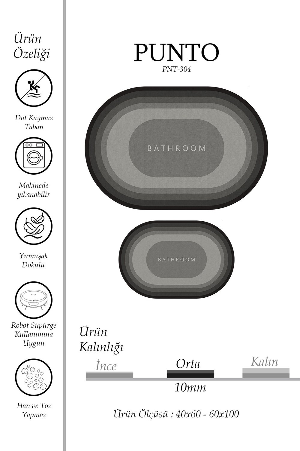 Punto Kaymaz Modern Oval Şık Gri Tonlar Yumuşak ve Yıkanan İkili Banyo Paspas Takımı 40x60 60x100