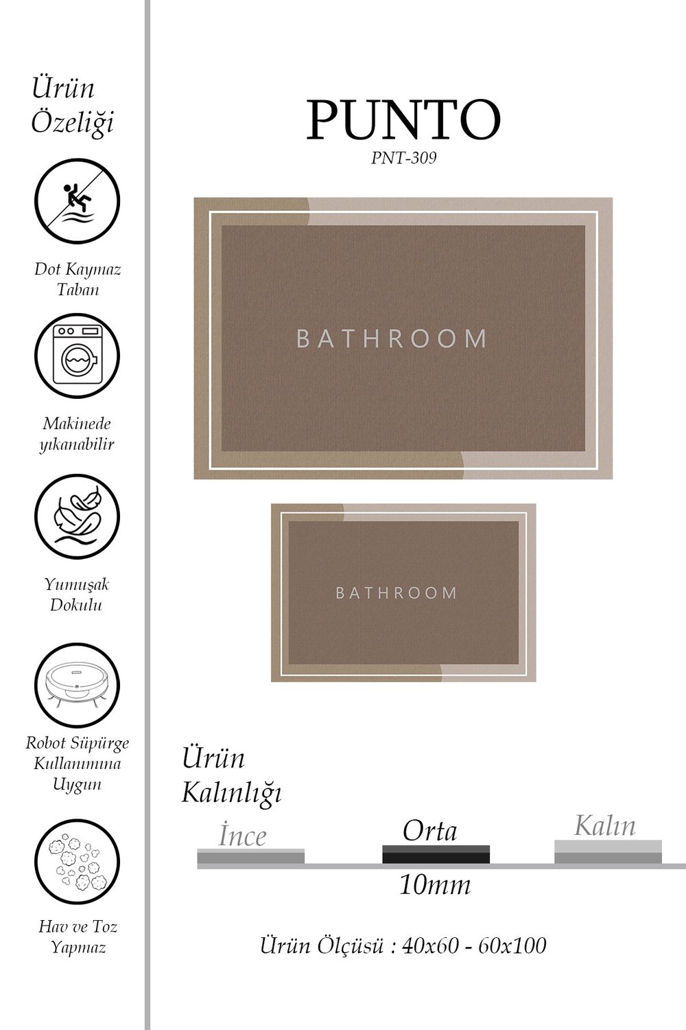 Punto Kaymaz Tabanlı Bej & Kahve Tonları, Yumuşak İkili Banyo Paspas Takımı 40x60 60x100