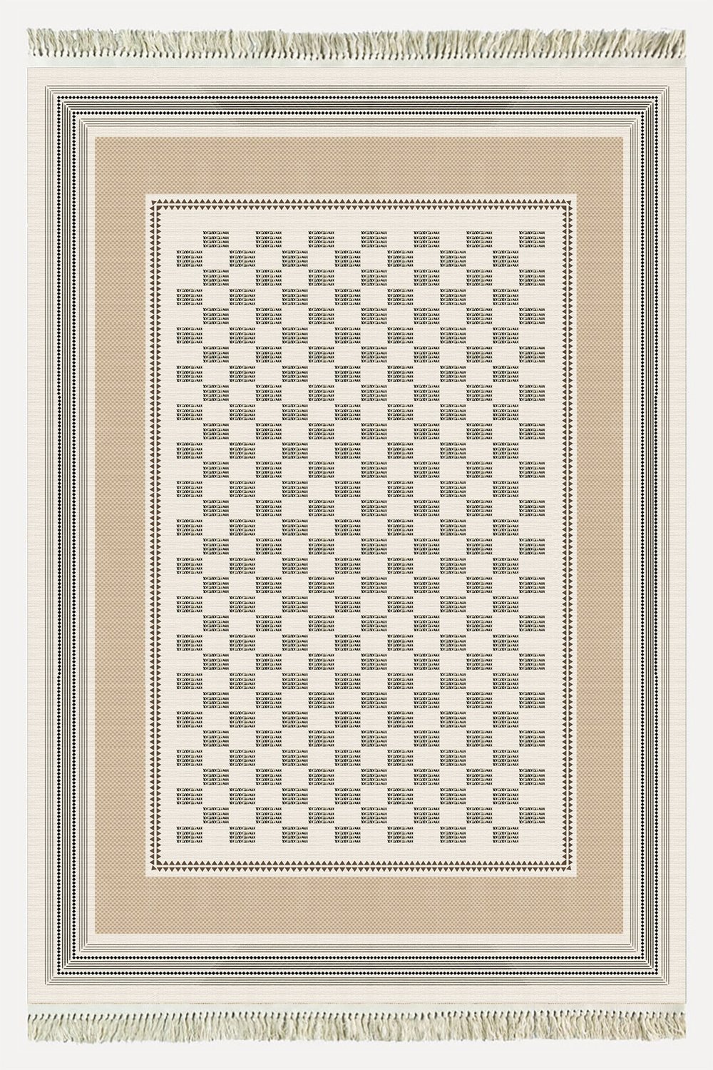 Siyah Beyaz ve Bej Tonlarında Kare Desenli Kilim Etnik Bohem Stil Yıkanabilir Pamuk Taban Kilim