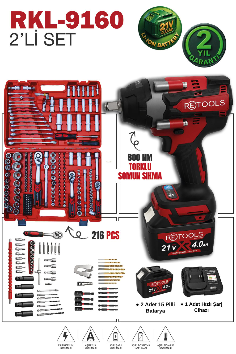 RETOOLS BORDO 2'Lİ SET (BORDO 800 NM TORKLU (15 PİLLİ) - BORDO 216 PARÇA LOKMA TAKIMI)