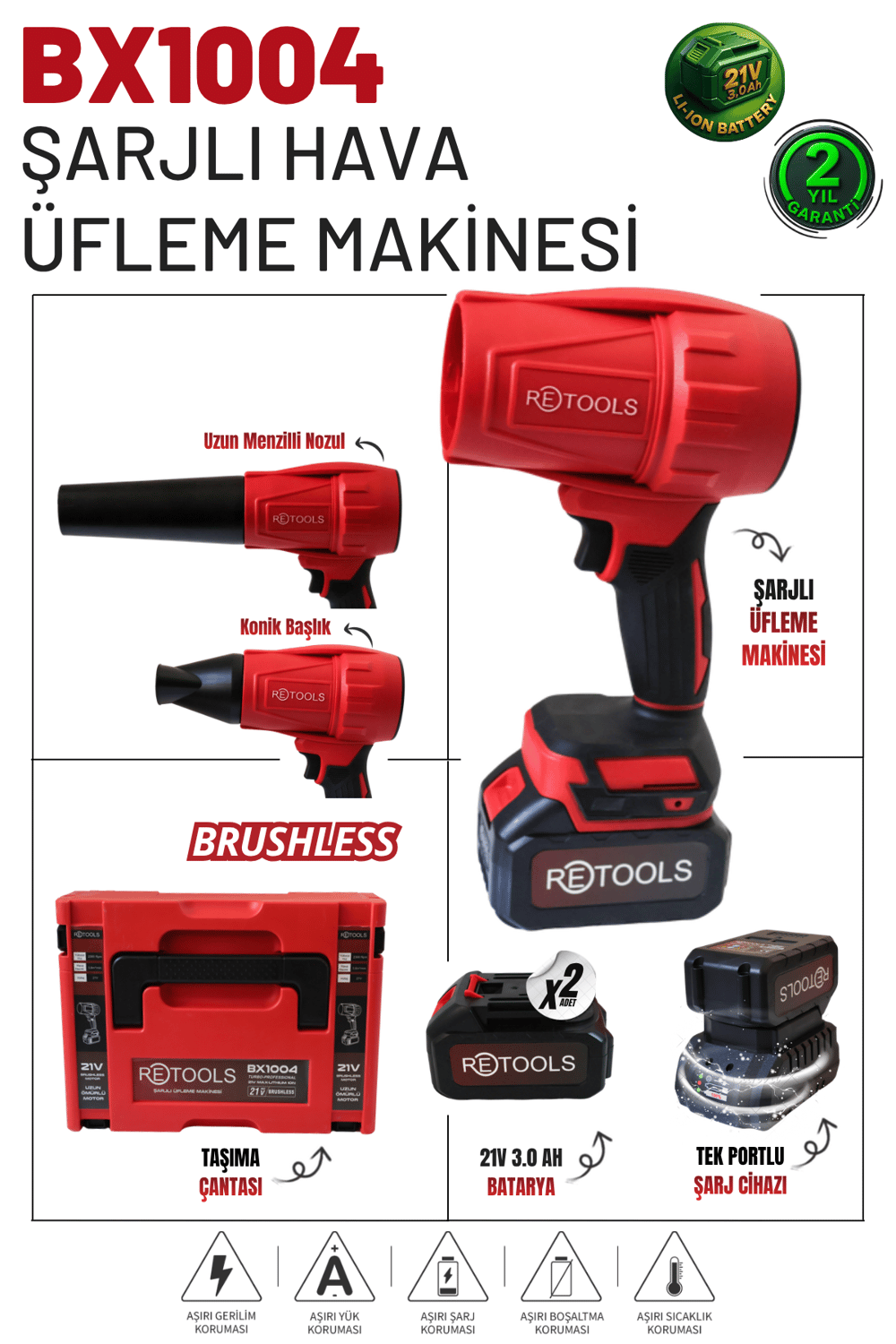 Retools BX1004 21V Brushless Şarjlı Hava Üfleme Makinesi – Çift Akülü Profesyonel Set