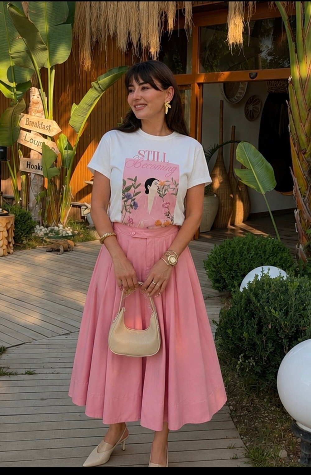 Poplin Midi Boy Etek Bel Lastikli -Pembe