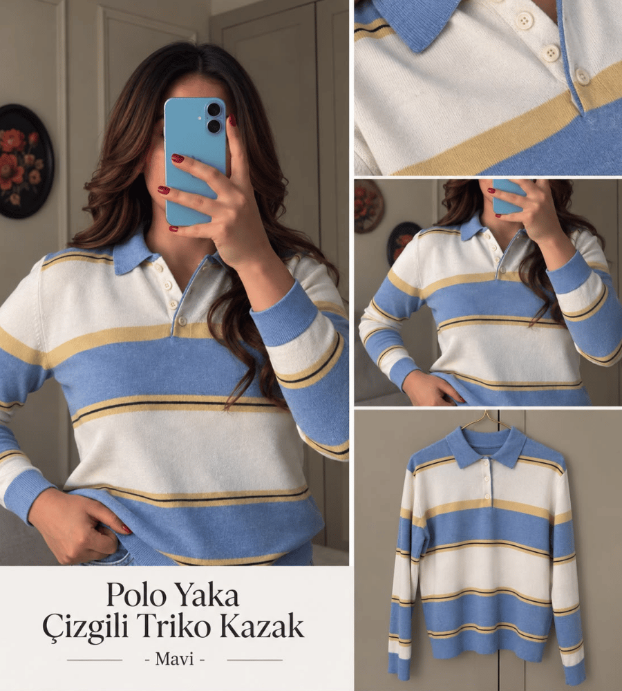 Polo Yaka Çizgili Triko Kazak - Mavi