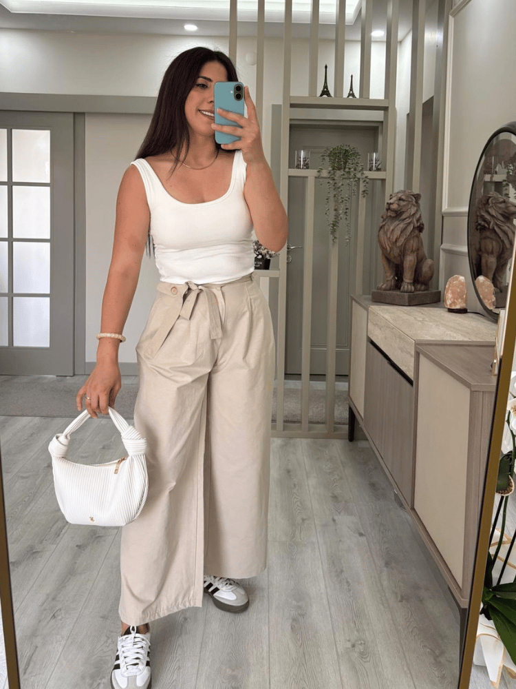 Wide leg pileli kemerli palazzo