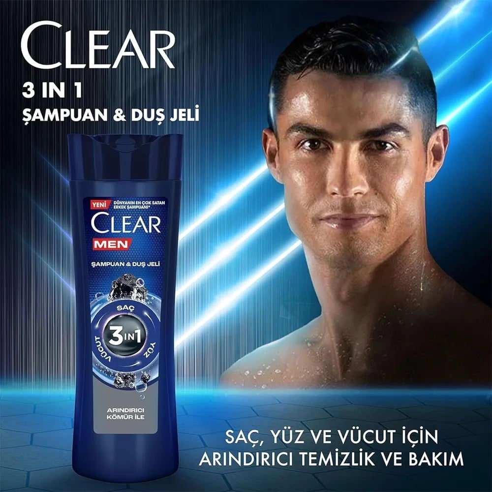 Clear Men 3 in 1 Şampuan & Duş Jeli Arındırıcı Kömür 350 ml