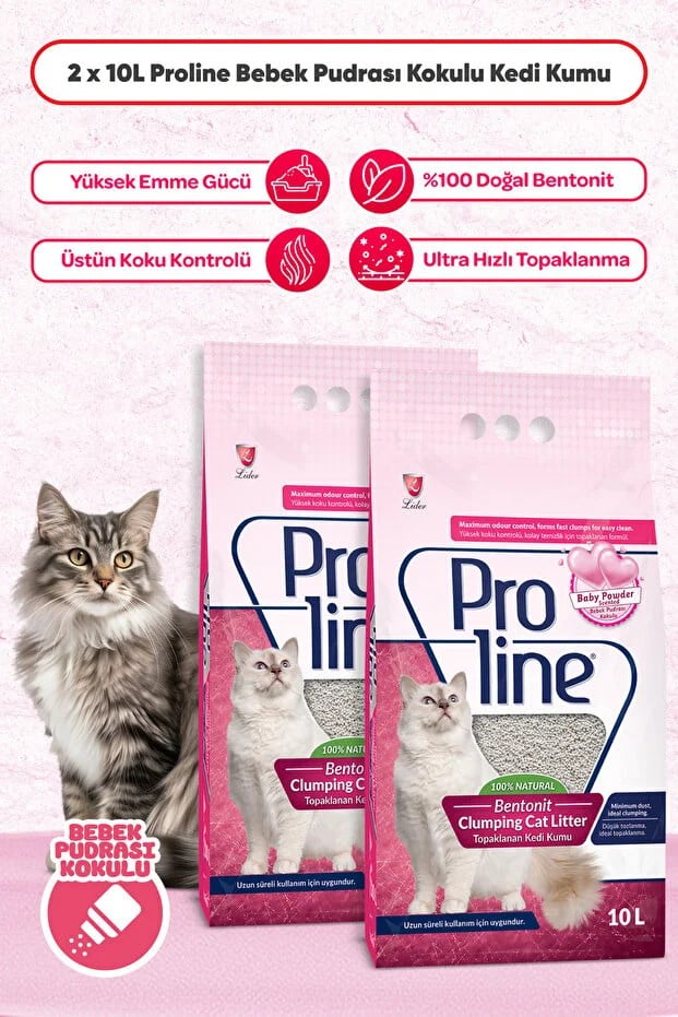 Proline Bebek Pudralı Kalın 2x10 lt Topaklanan Bentonit Kedi Kumu
