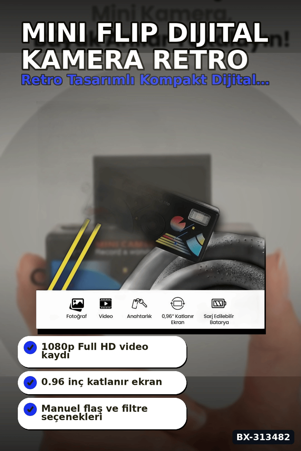 0.96 Inç Katlanır Ekranlı Mini Anahtarlık Kamerası 1080p Full HD Video Kayıt BX-313482