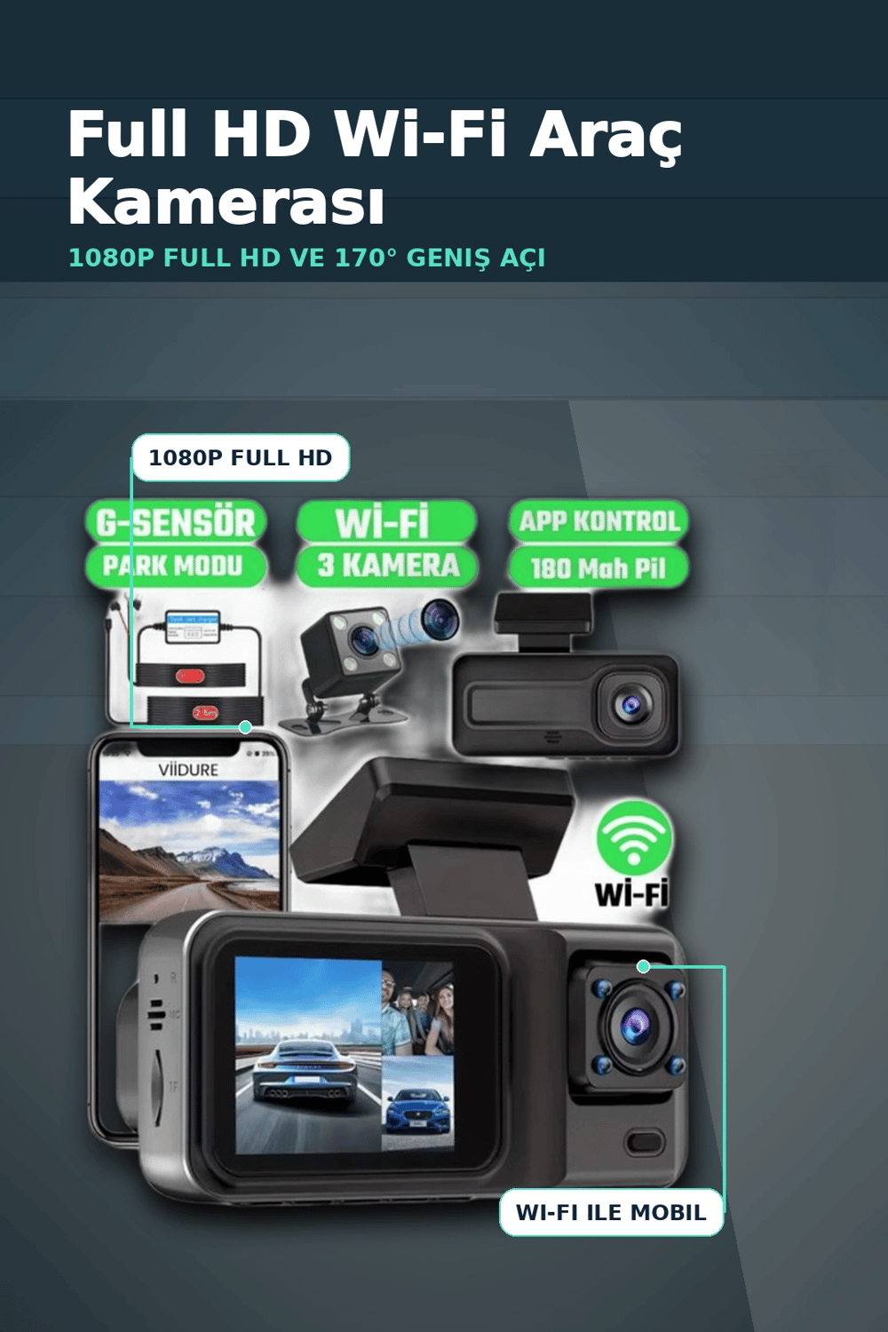 1080P Full HD 3 Kameralı Araç İçi Kayıt Kamerası Seti Wi-Fi ve Park Modu Özellikli