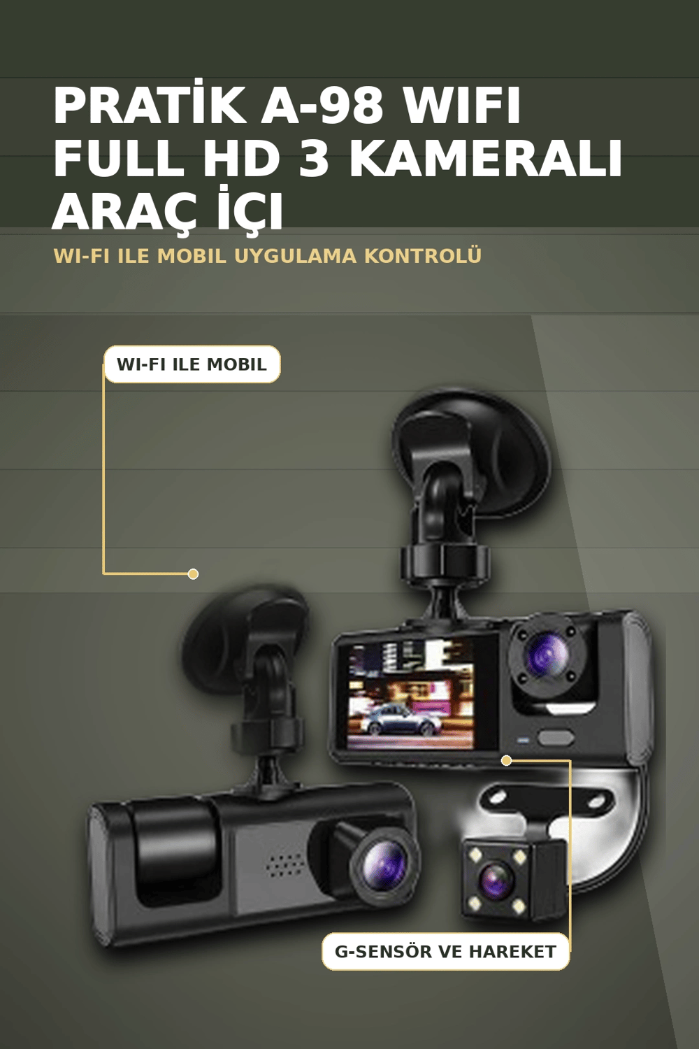 1080P Full HD 3 Kameralı Wi-Fi Araç İçi Kayıt Cihazı ve Park Modlu Güvenlik Kamerası Seti