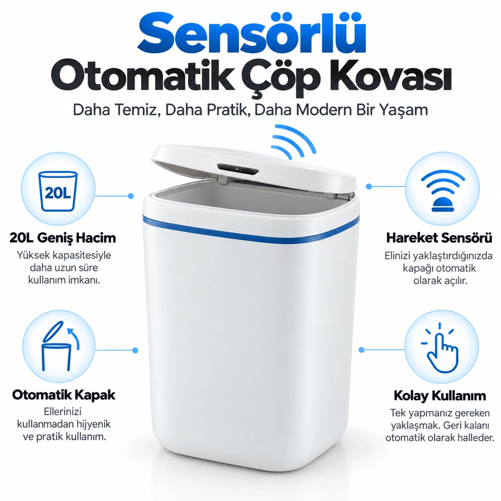 20 Litre Sensörlü Temassız  Otomatik Çöp Kovası Beyaz