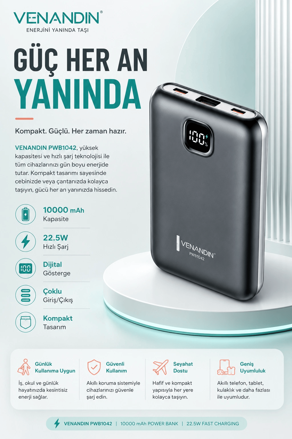 22.5W Hızlı Şarj Özellikli 10000 mAh Kapasiteli Kompakt Powerbank