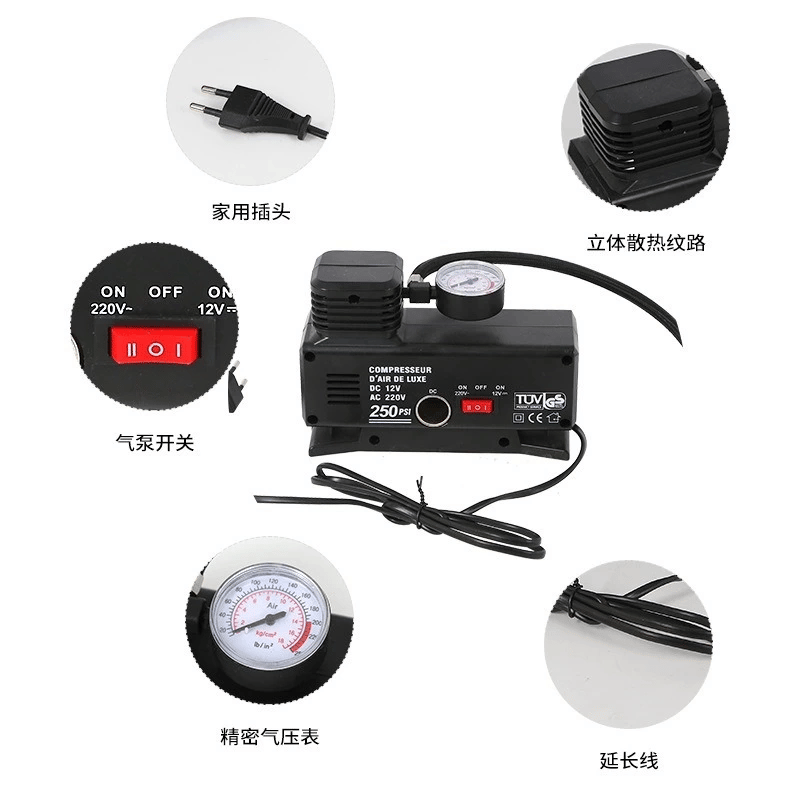 220v Ile 12v Oto Elektriği Çalışan Hava Lastik Şişirme Kompresörü 250 Psı Çok Amaçlı Yol Yardımı