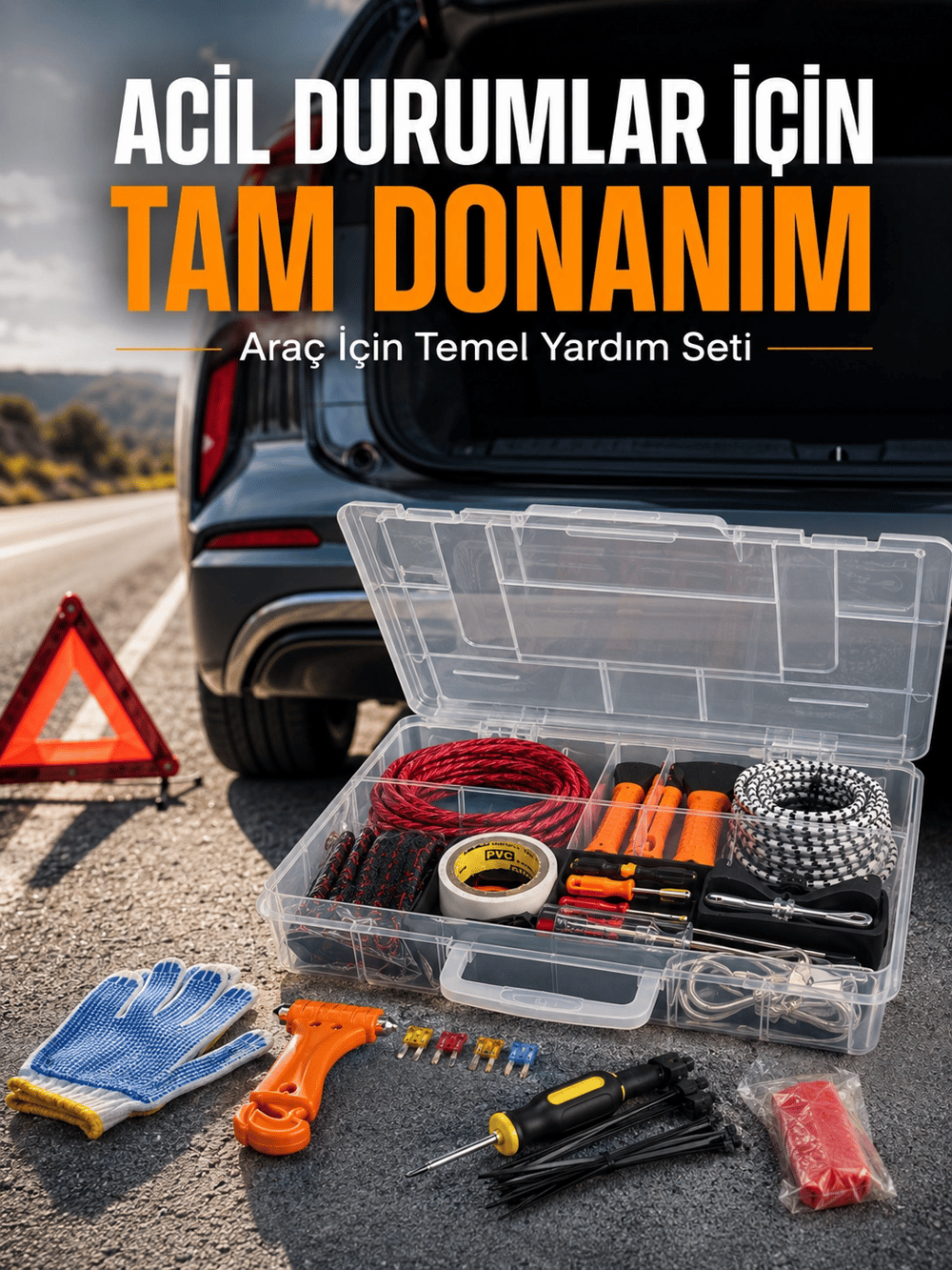 27 Parça Profesyonel Oto Acil Durum ve Araç Yardım Ekipman Seti Taşıma Kutulu