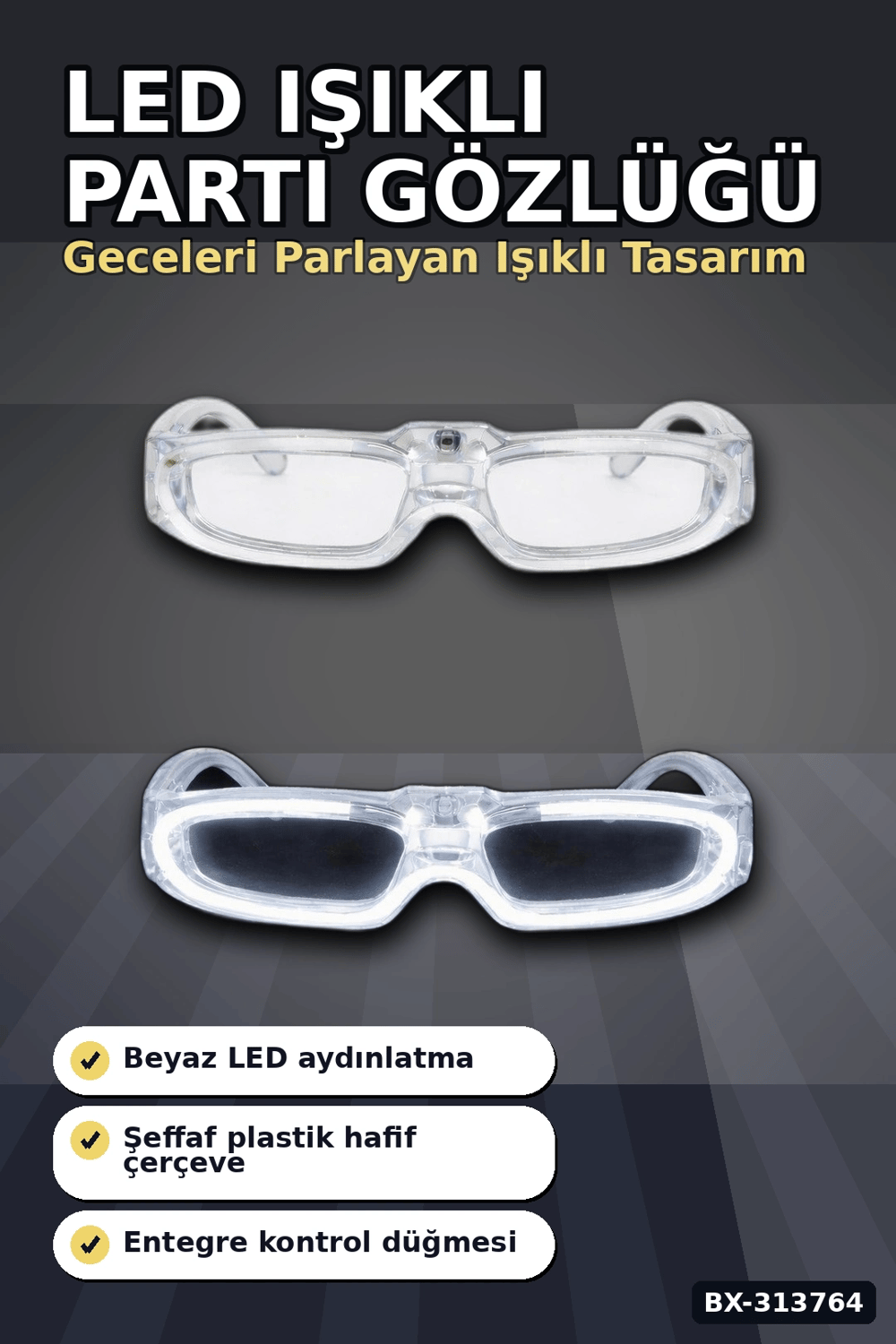 3 Modlu Beyaz Led Işıklı Parti Gözlüğü Glow Gece Eğlence Aksesuarı 1 Adet BX-313764