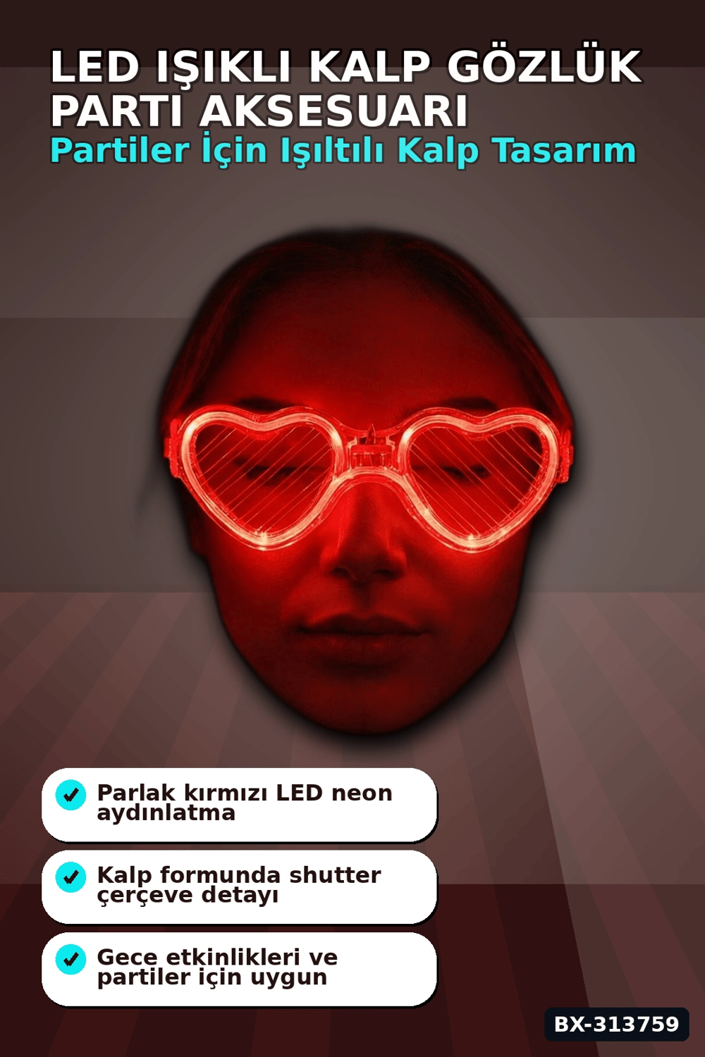 3 Modlu Kırmızı Led Işıklı Kalp Gözlük – 40 Adetlik Parti Paketi, Glow Aksesuarı BX-313759