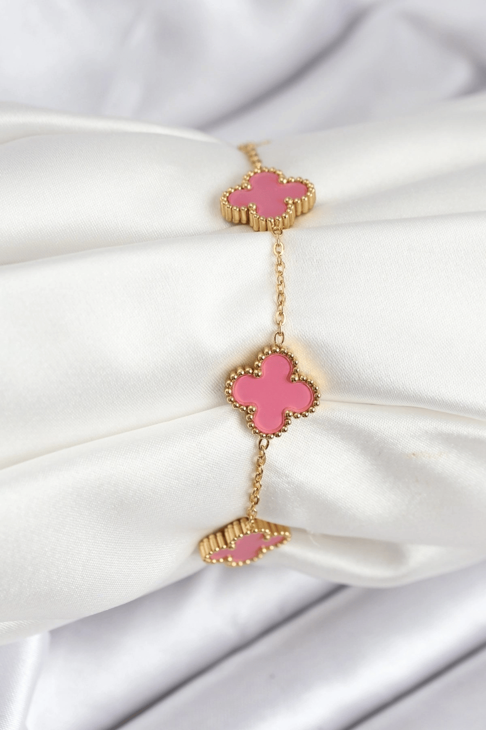 316L Çelik Gold Zincir Pembe Yonca Renk Bileklik
