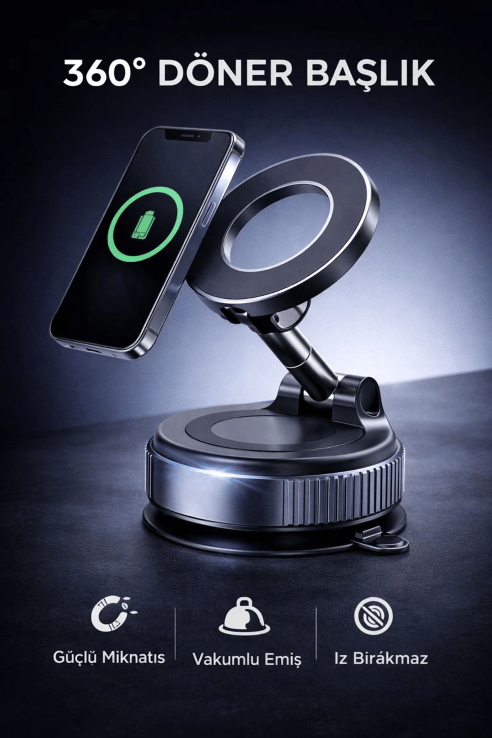 360° Ayarlanabilir Vakumlu Manyetik Telefon Tutucu – Güçlü Mıknatıs, İz Bırakmaz Tasarım