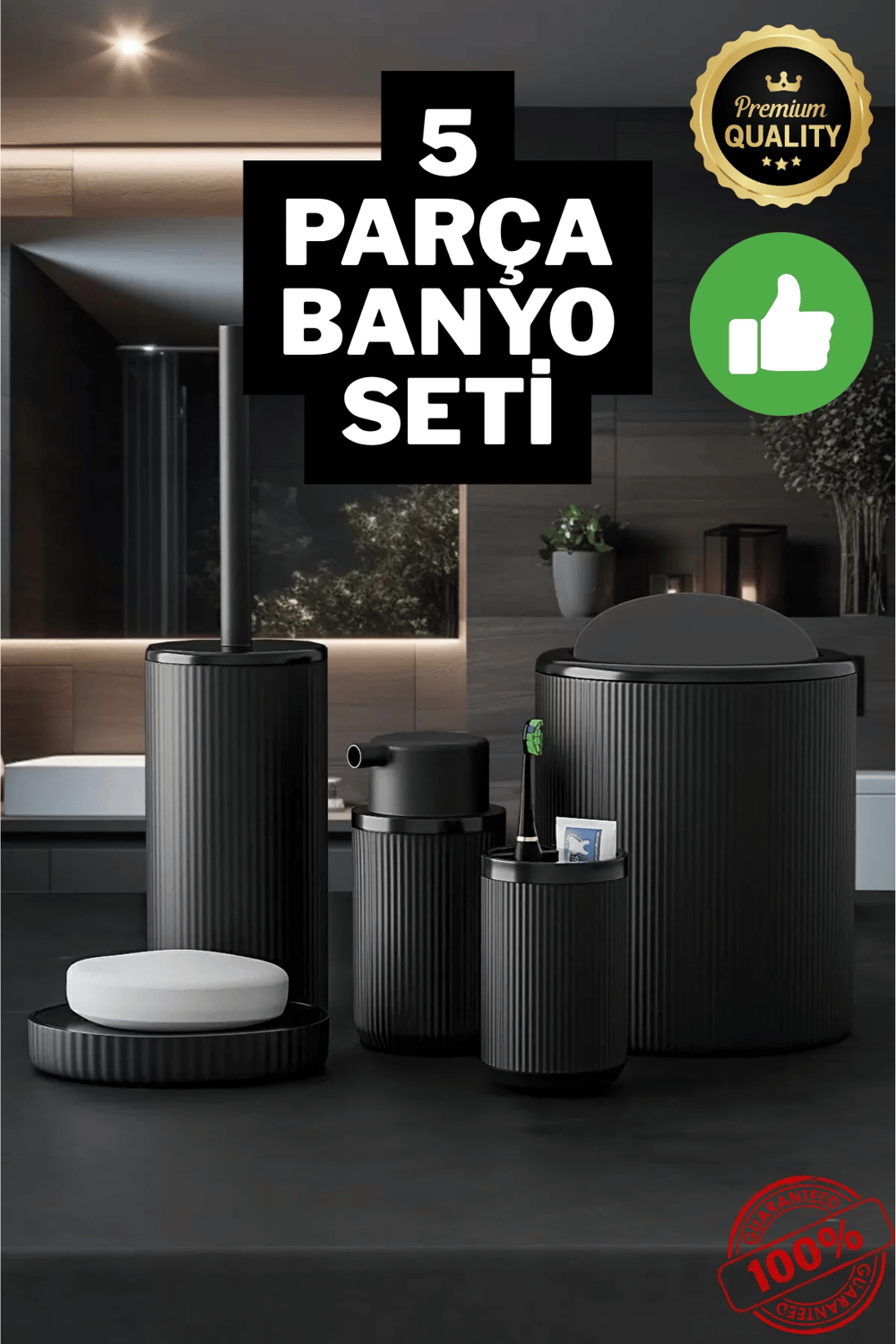5 Parça Siyah Çizgili Yuvarlak 5'li Eco Banyo Seti Çöp Kovası Tuvalet Fırçası Sabunluk Diş Fırçalık